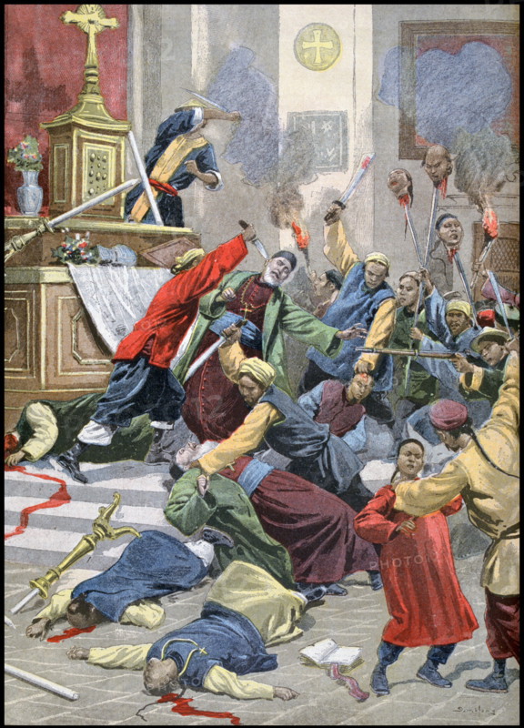 Boxer rebels commit atrocities in the cathedral at Mukden in Manchuria, China 1900
