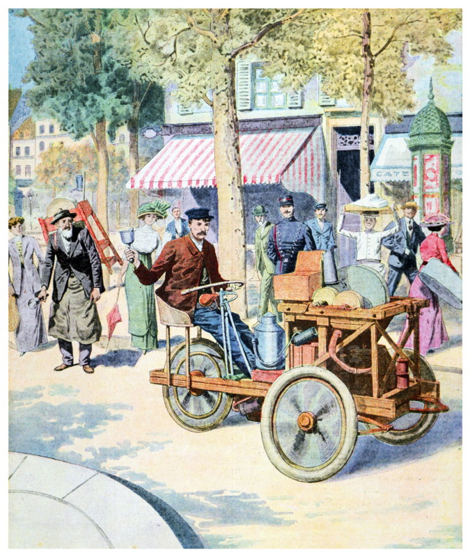 Illustration depicting French street scene with early automobile