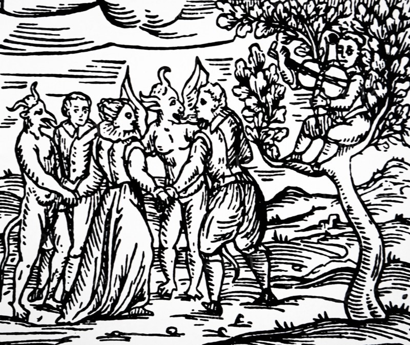 Woodcut print depicting practitioners of witchcraft dancing with demons