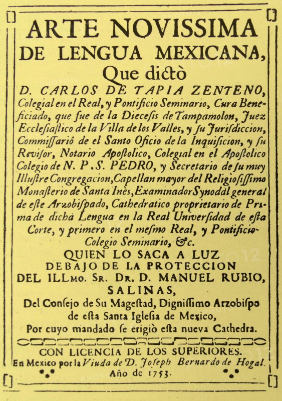 Cover of the 'Arte novissima de lengua Mexicana' which translates to 'Mexico: widow of Joseph Bernardo de Hogal'