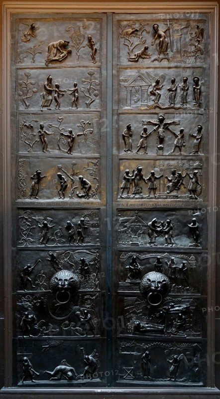 Bronze doors depicting the stories from the bible which were made at the order of St Bernward, Bishop of Hildesheim