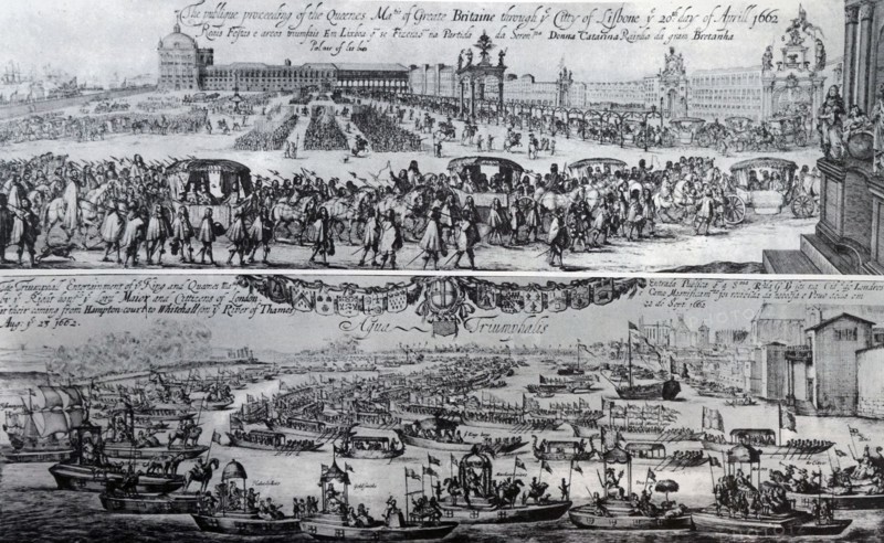 Engraving depicting the departure from Lisbon and her arrival of Queen Catherine of Aragon