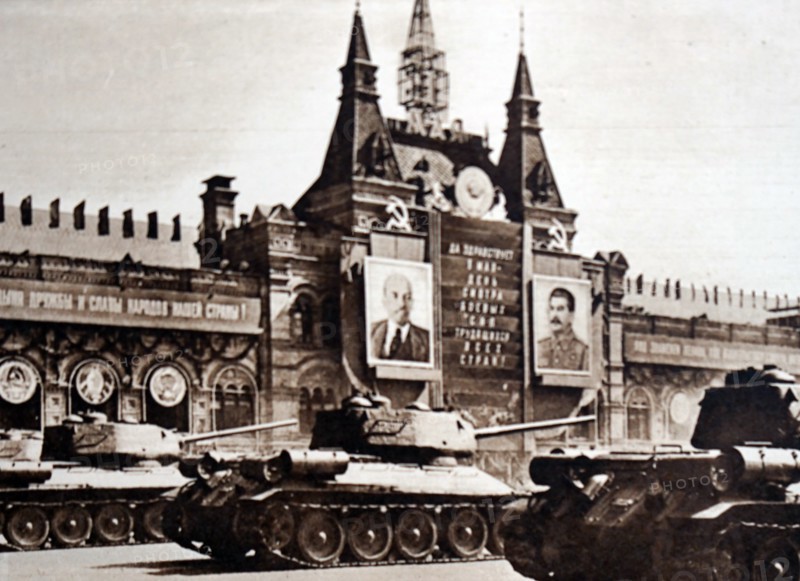 Photograph taken during Moscow's May Day Parade showing heavy tanks, representing their armed might
