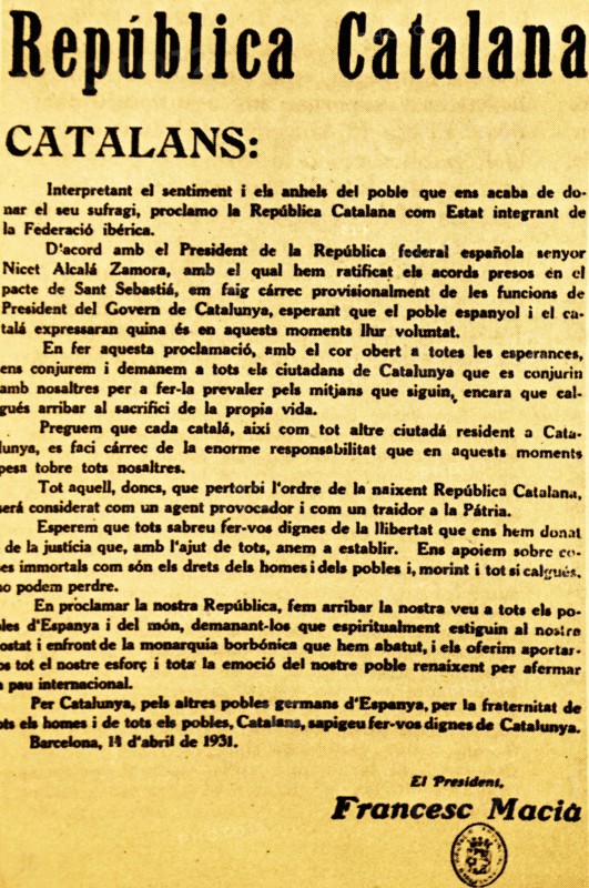 Proclamation of the Catalan Republic, as a result of the Spanish republican parties agree to prepare a change of regime in case of victories in the following elections