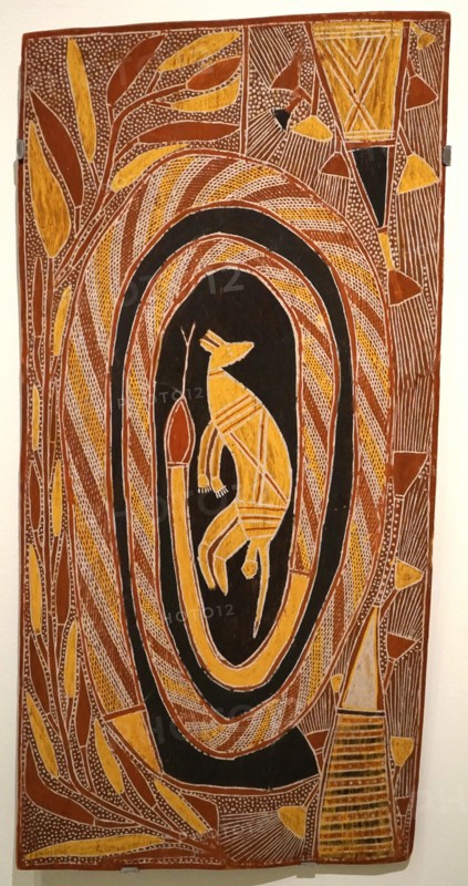 Bark painting depicting a serpent surrounding a kangaroo