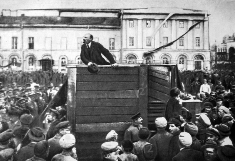 Vladimir Lenin addressing Red Army soldiers in Moscow, who are being sent to the Western Front during The Russian Civil War