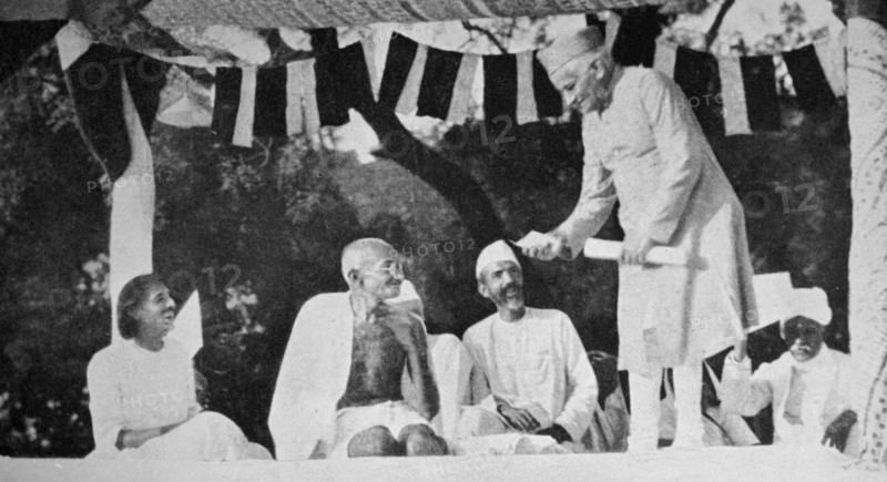 Mahatma Gandhi at a meeting in Allahabad, presided over by Motilal Nehru