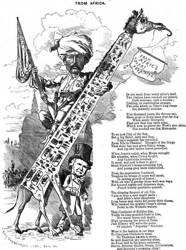 Punch cartoon of 1878 commemorating the journalist and Africa explorer Henry Morton Stanley and Cleopatra's Needle in London