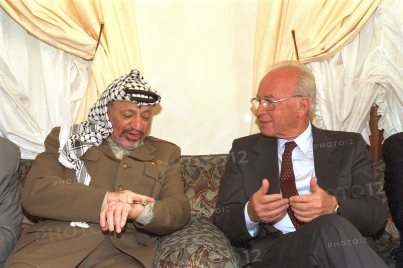 Israeli Prime Minister Yitzhak Rabin in a meeting with Palestinian leader, Yasser Arafat, Casablanca 1994