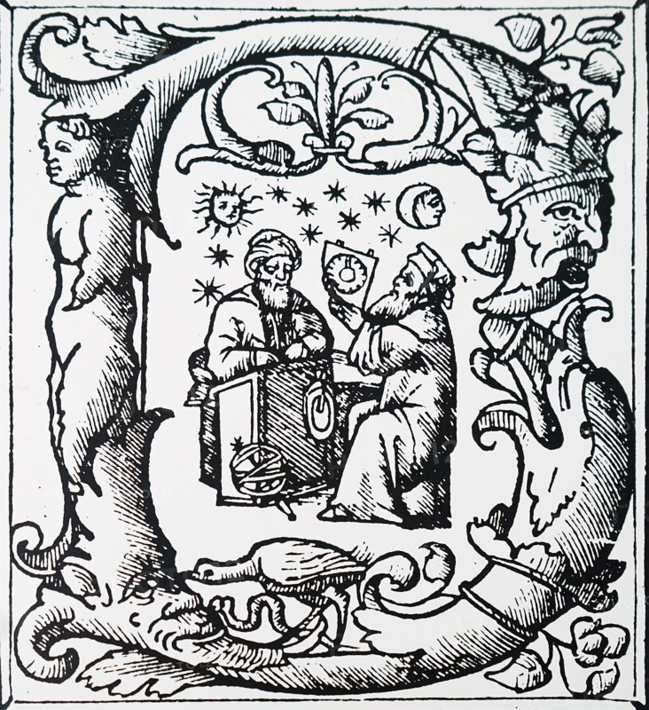 An initial letter depicting Ptolemy observing the sky and making measurements using a quadrant