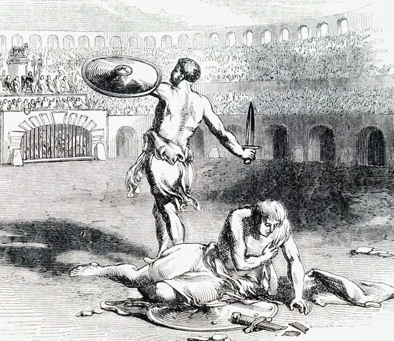 Gladiators fighting within the Colosseum in Rome
