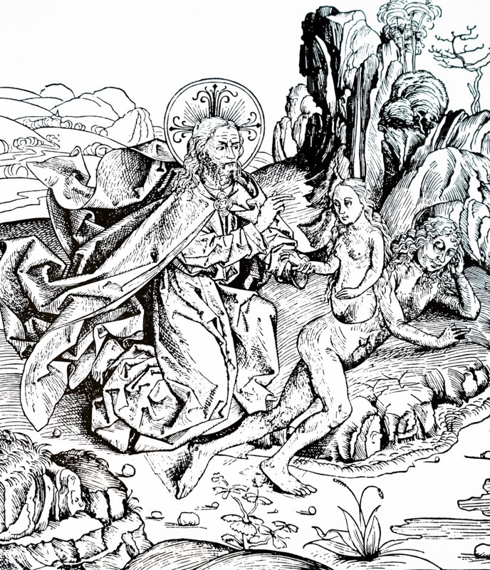 Engraving depicting the creation of Adam and Eve from the Nuremburg Chronicle by Hartmann Schedel
