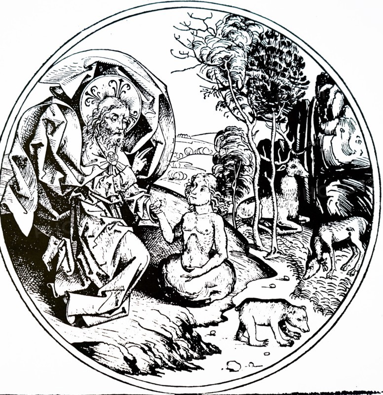 Engraving depicting the sixth day of creation - God creating Adam- from the Nuremburg Chronicle by Hartmann Schedel
