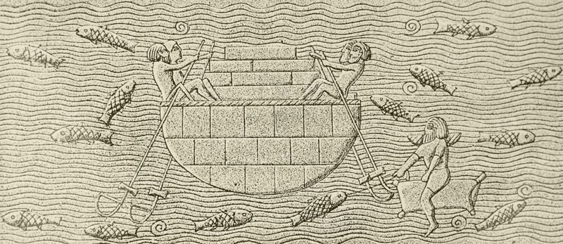 An Assyrian bas relief which shows the transportation of stones across a river in a kuphar