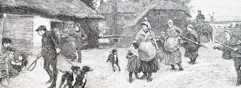 Female agricultural workers gathering on a Fenland farm preparing to begin the day's work