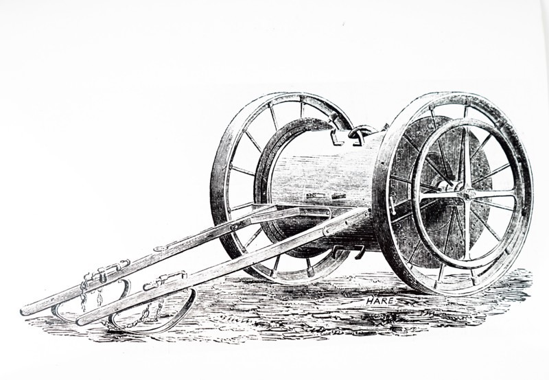 Engraving depicting a water cart for replenish the boiler of a steam engine used in mechanical ploughing