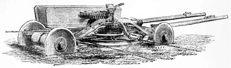 Engraving depicting a self-moving anchor for use in mechanical ploughing with steam engine at one side of field and anchor at the other