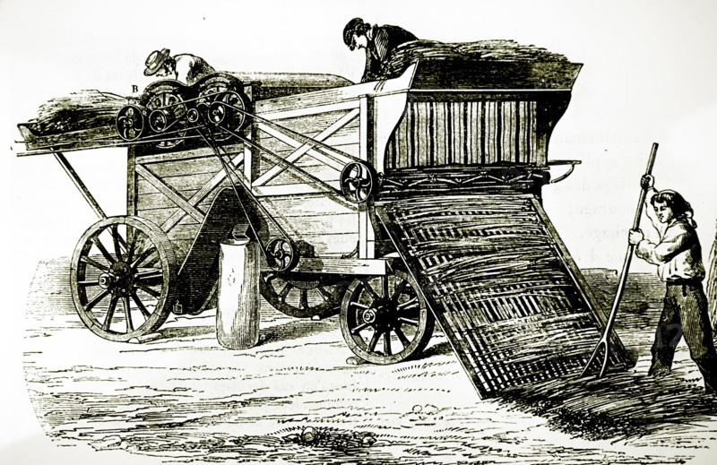 Engraving depicting a steam-driven threshing machine