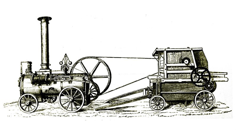 Engraving depicting Garret & Son's portable steam engine driving a threshing machine