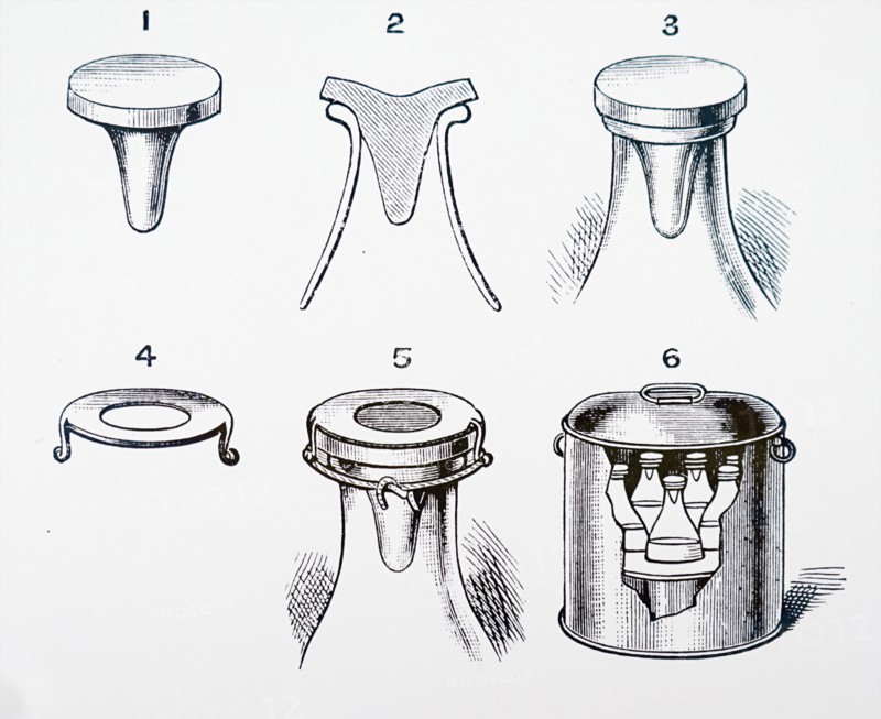 Various views of a rubber stopper for hermetically sealing sterilised bottles, together kettle for sterilising