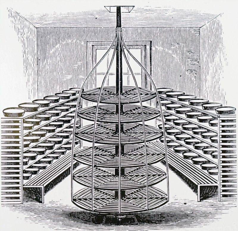 The revolving milk shelves for a butter dairy