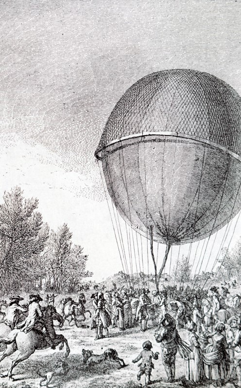 Crowds gathered, in the Champs de Mars, to watch the landing of the first successful hydrogen filled balloon