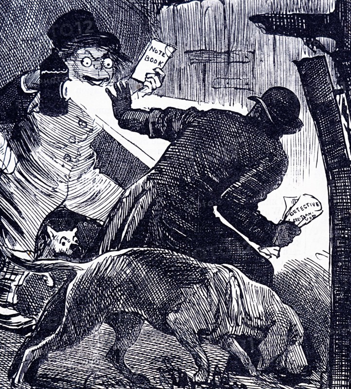 A Police Officer surprising a burglar and holding a portable lamp