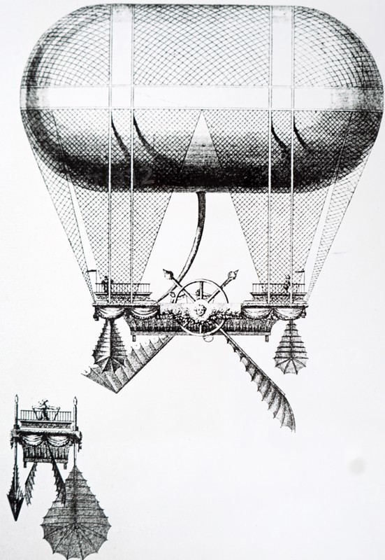 Engraving Carra's balloon fitted with paddle wheels as a means of propulsion