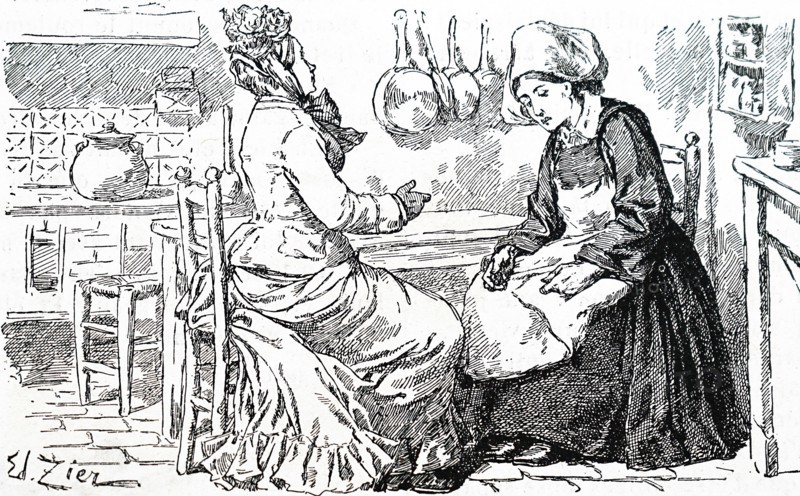 A cook and a maid in a kitchen in France
