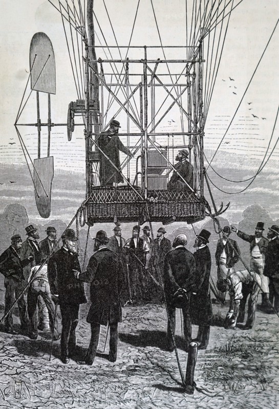 Gaston and Albert Tissandier in the gondola of their hot-air balloon