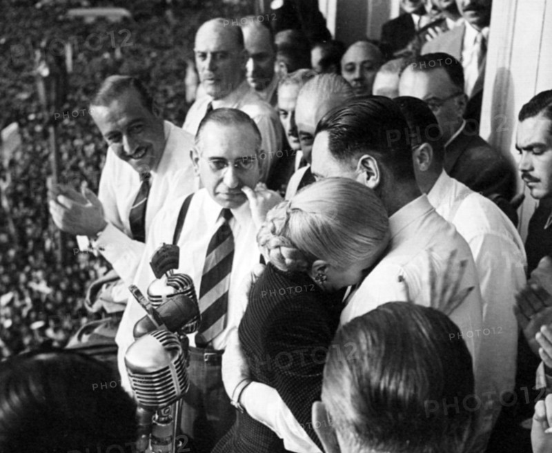 Juan Domingo Peron with his wife Evita Peron, after Evita announced to a crowd that she would not stand for office as Vice president of Argentina in 1951