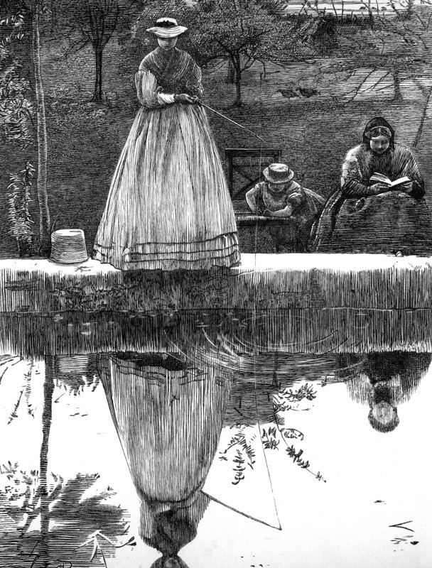 A woman looking at her reflection in the water, whilst she fishes
