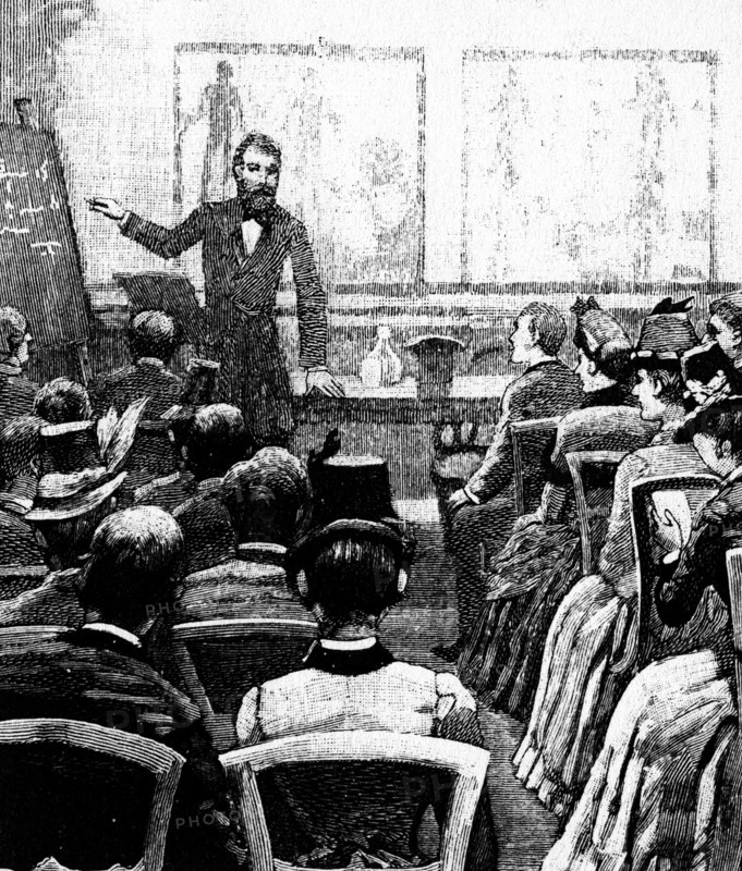 An evening lecture on physiology and hygiene being given to members of the young men's Christian Association