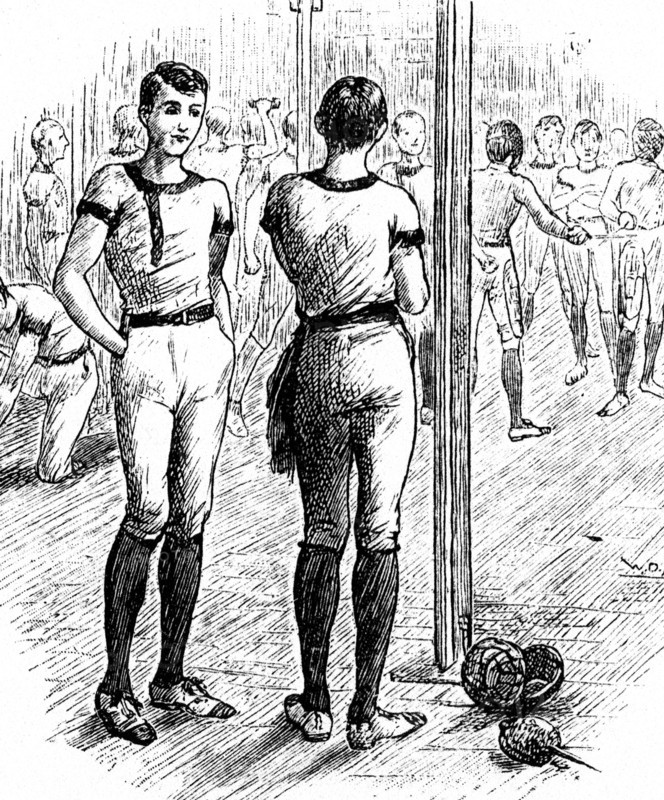 A fencing class being taught to members of the young men's Christian Association, inside the gymnasium at the Queen's Theatre, Long Acre, London