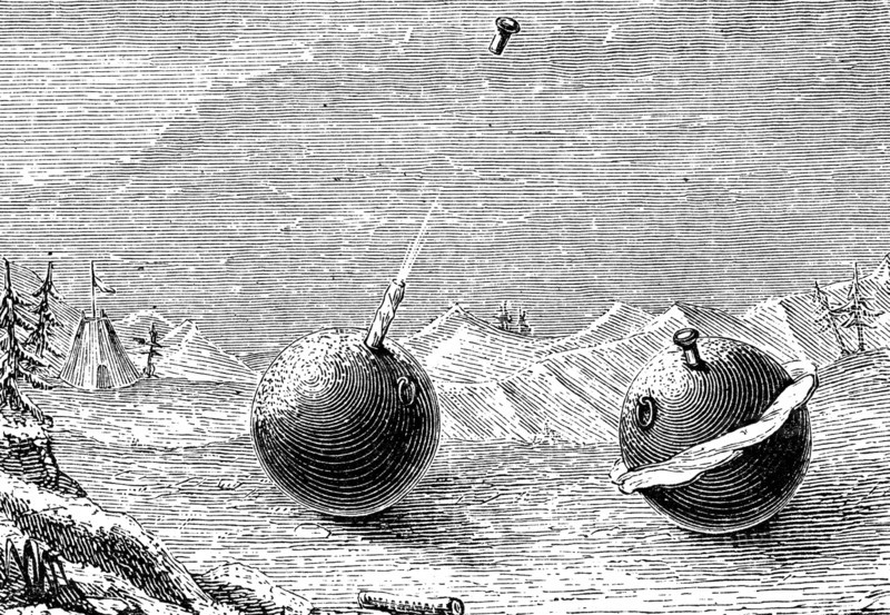 The two different effects of freezing water in an iron sphere - left, ejection of stopper by column of ice; right, splitting of the sphere