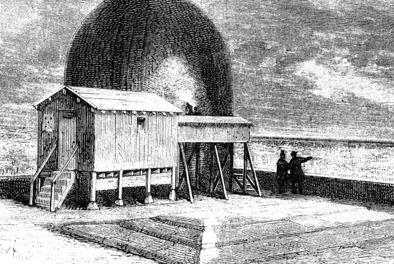 An astronomer and his assistant observing Mercury, Venus and Jupiter from a roof top observatory in Paris