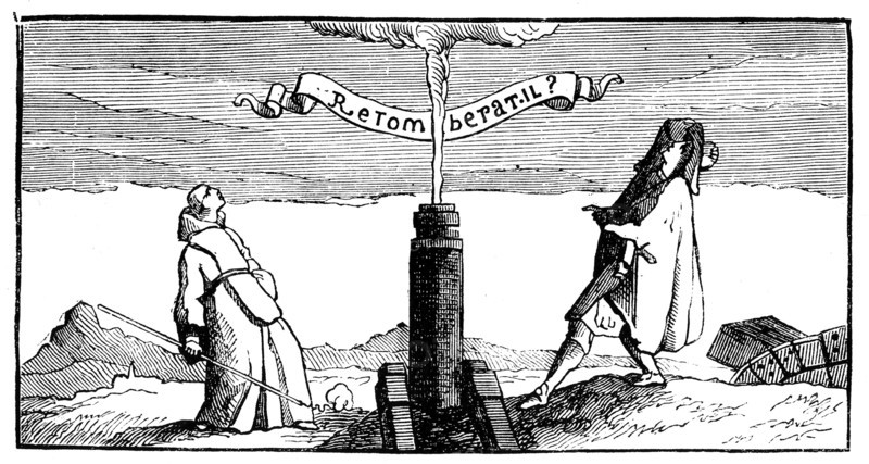 Marin Mersenne performing an experiment to prove the rotation of the earth: ball fired from vertical cannon did not fall back down the barrel
