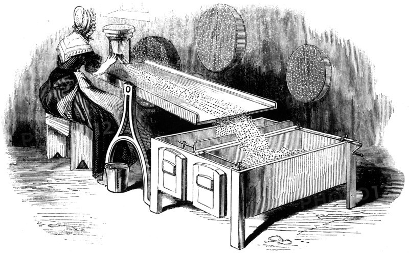 The sorting of lead shots being sifted shot is allowed to roll down an inclined plane