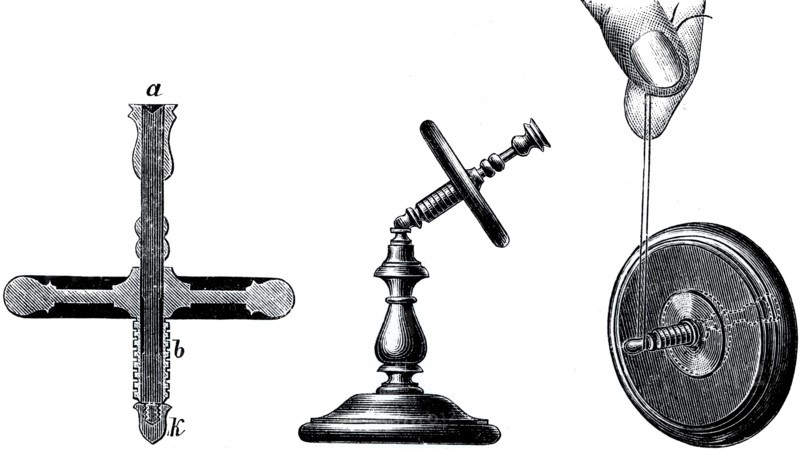 A gyroscope, a device consisting of a wheel or disc mounted so that it can spin rapidly about an axis which is itself free to alter in direction