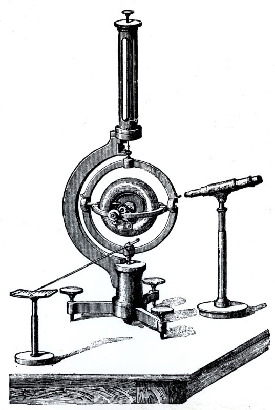 A gyroscope, a device consisting of a wheel or disc mounted so that it can spin rapidly about an axis which is itself free to alter in direction