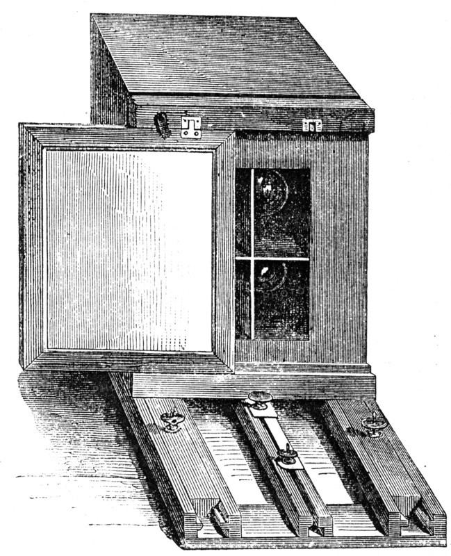 A stereoscopic camera with a single shutter operating in front of both lenses