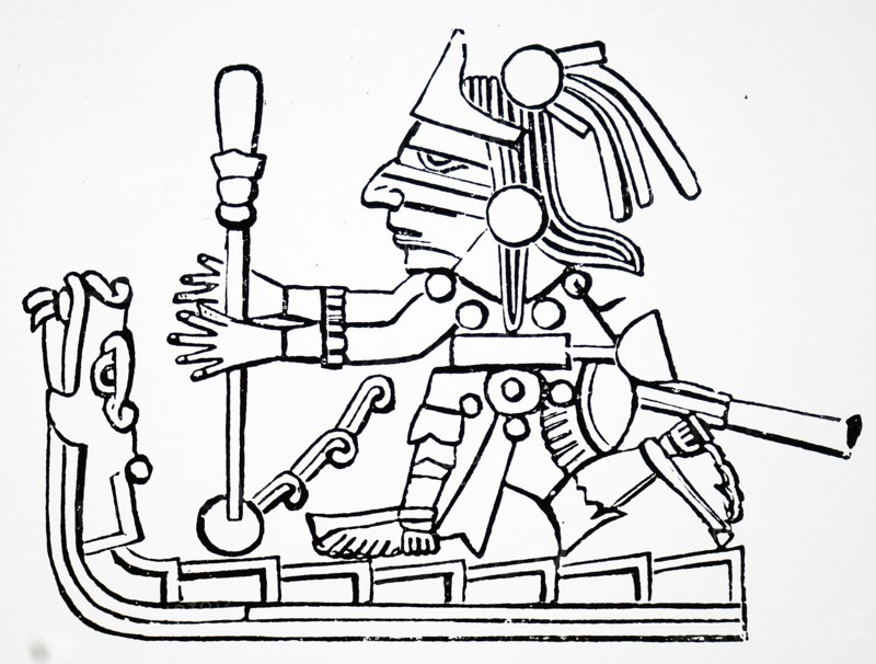 Xiuhtecuhtli using a bow drill, a prehistoric form of drilling tool, which was used to produce fire