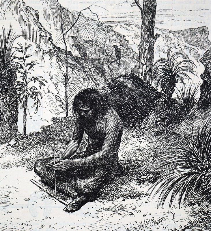 Australian aboriginal using a bow drill a prehistoric form of drilling tool, which was used to produce fire