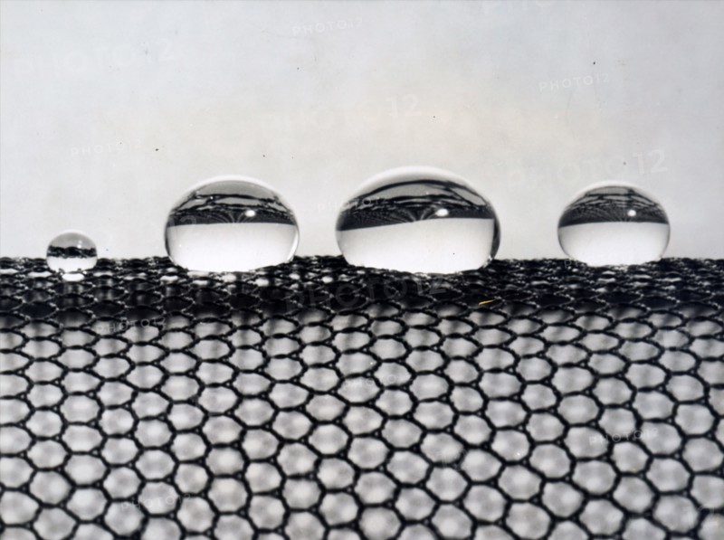 Photograph of water droplets resting on the wide meshes of DRIL-SIL silicone finished nylon net