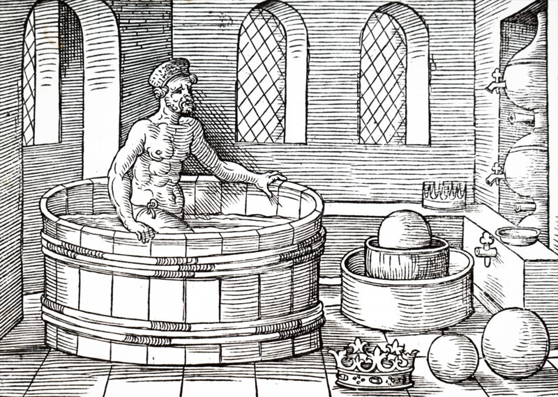 Archimedes, an Ancient Greek mathematician, physicist, engineer, inventor, and astronomer, sitting in his bath