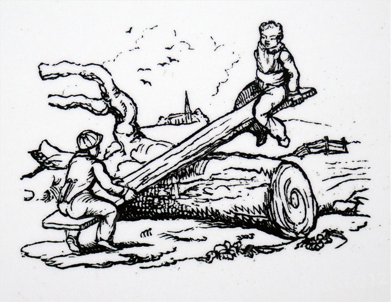Engraving demonstrating fulcrum by a see-saw