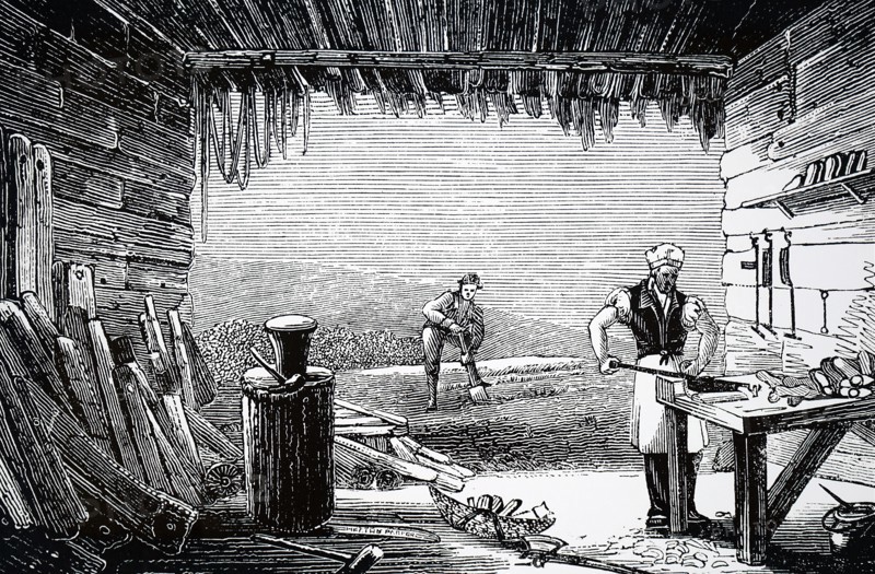 Different applications of the lever, such as a spade, a hammer head attached to a handle, and the shoemaker's guillotine