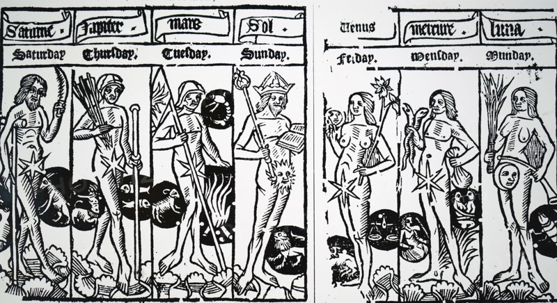 The days of the week in the supposed Aristotelian order - Saturn furthest, Lunar neareSt Dated 16th Century