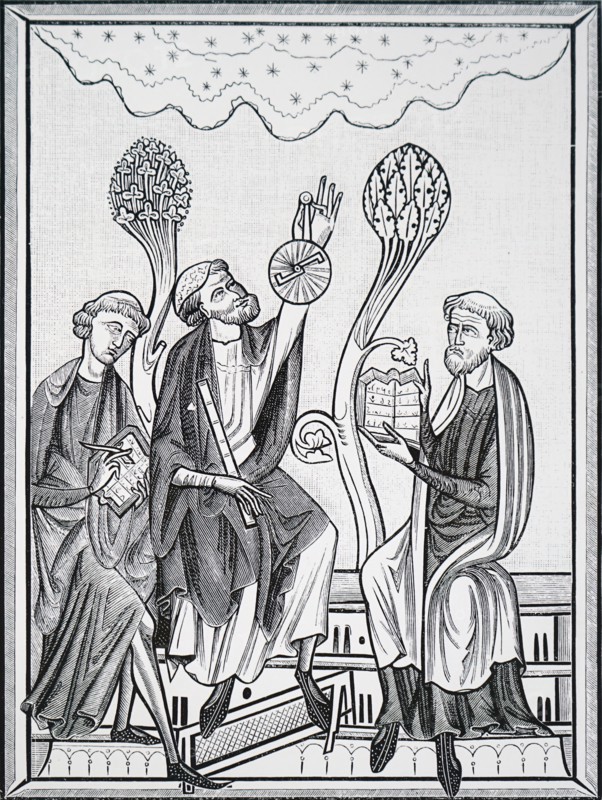 Engraving from a 13th century manuscript depicting an astronomy lesson
