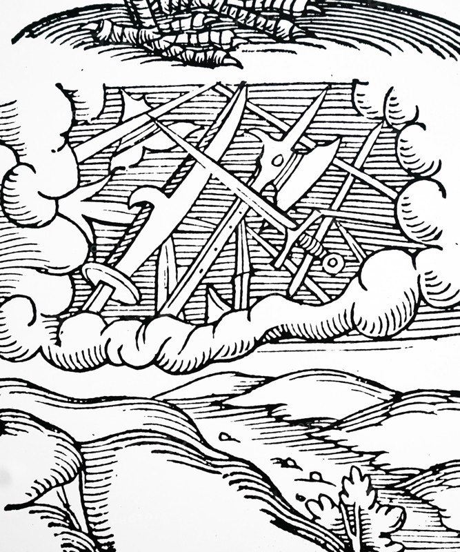 An ancient meteor shower shown as swords, pikes, and battle-axes